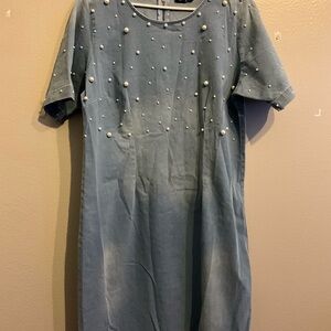 Blue Kids Dress with Pearl Accents
